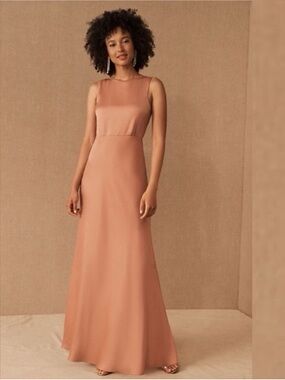 Sachin Babi Shiny Peach Color Maxi Dress Gown Sleeveless High Neck Size 16 Satin